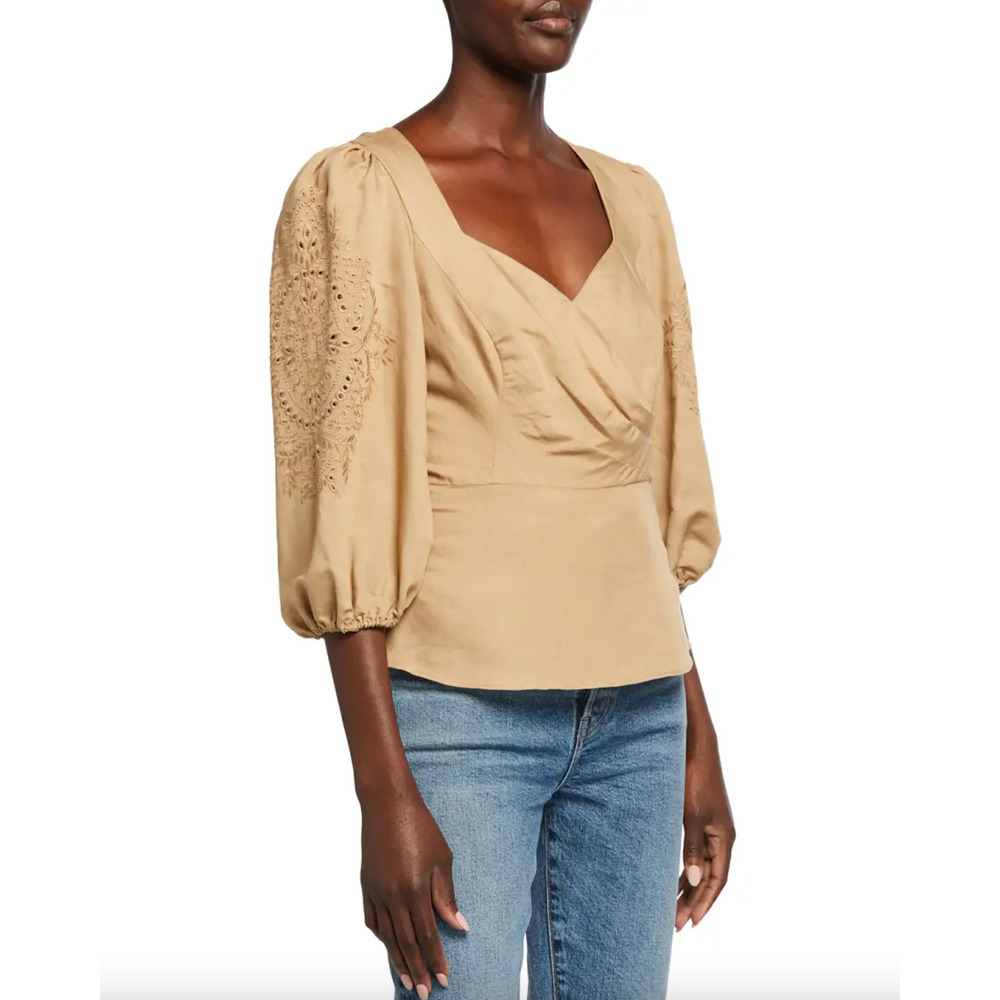 Parker Rosetta Linen Blend Eyelet Tan Ballon Sleeve Peplum Blouse, Size XS 🔴